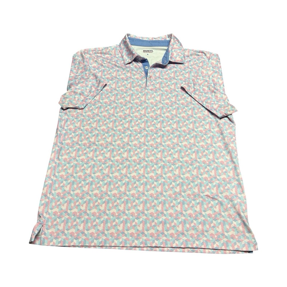 Quieti Performance Polo Shirt Mens Large Pink Blue Short Sleeve‎ Geometric Golf